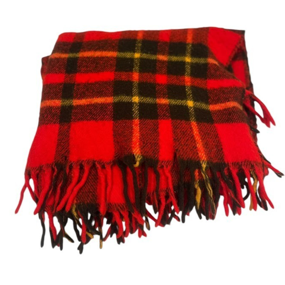 Vintage Faribo Fluff Loomed Wool Blanket Orange Plaid Throw 52‎ x 56 Fringe USA